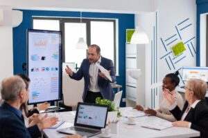 Angry mad boss shouting having conflict with multiethnic employee